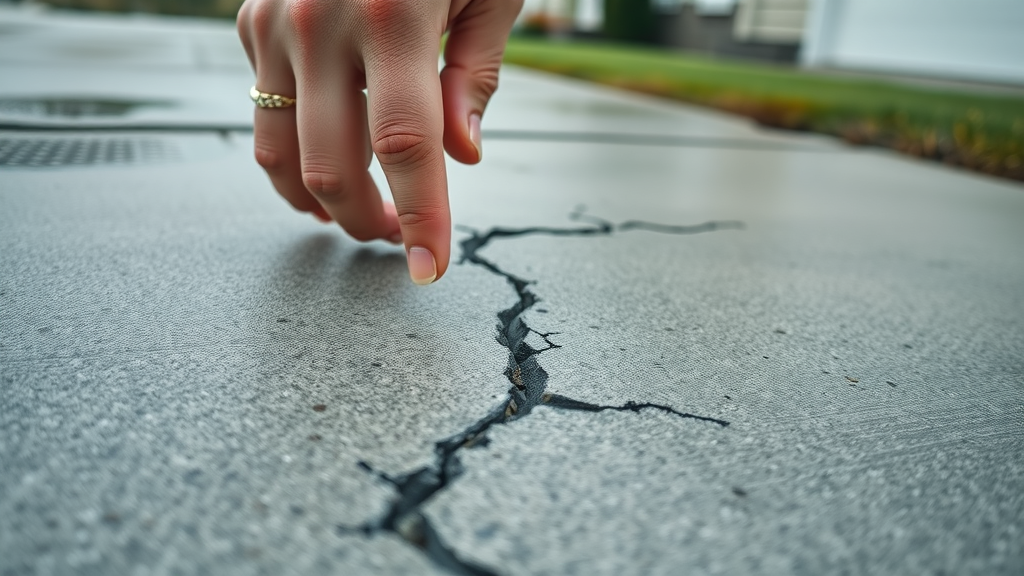Small cracks forming in a concrete driveway – early signs of winter damage.