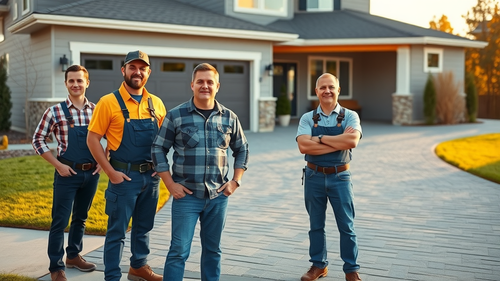 professional driveway repair contractors standing by new project, photorealistic, modern home exterior, golden hour lighting