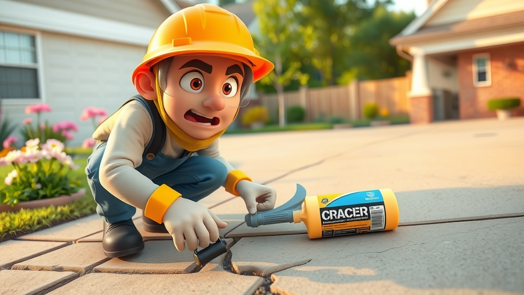 DIY driveway repair - enthusiast using crack repair kit, 2D cartoon, clean yard, animated repair, bold colors
