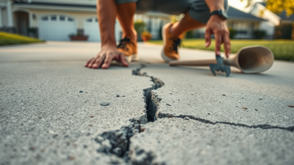 deep crack in concrete driveway - Photorealistic close-up of deep crack, homeowner inspecting, suburban background, highly detailed