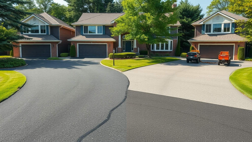 side-by-side driveways - one resurfaced, one demolished for replacement, Photorealistic, suburban home, visible work equipment, midday bright lighting