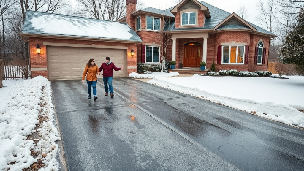 Attractive home and flawless driveway protected from winter damage. Family celebrating clean driveway at winter.