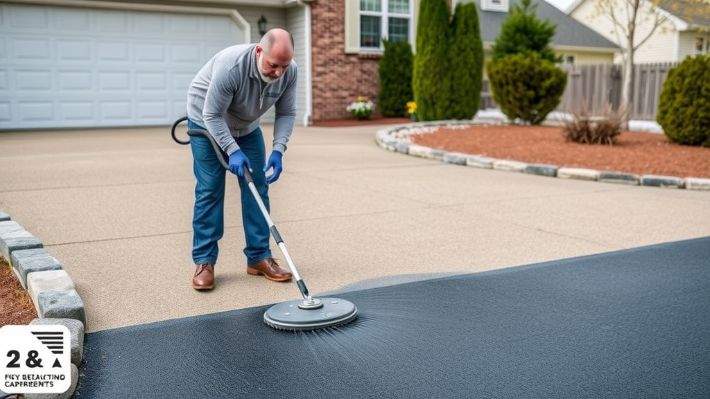 Professional applying sealcoat to protect driveway from winter damage.