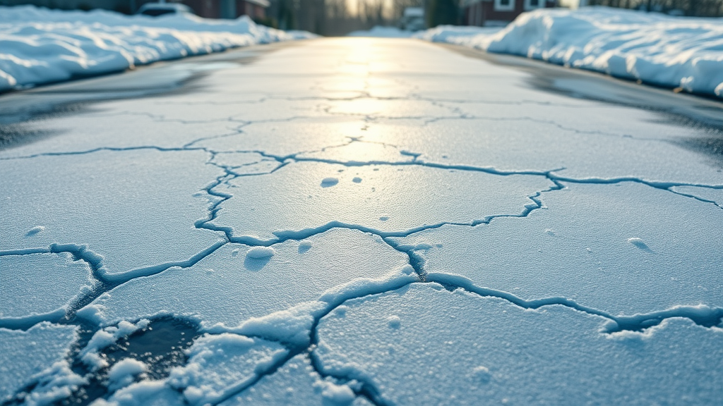 Close-up of crack in concrete driveway caused by winter freeze–thaw cycles.