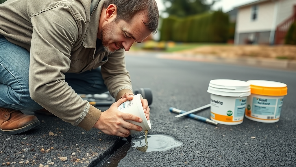 driveway repair - skilled contractor filling crack, asphalt driveway, Photorealistic, tools and sealant, movement as sealant settles