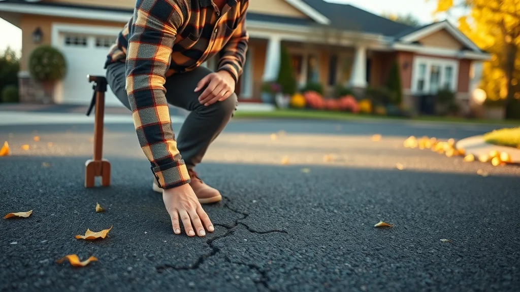 asphalt fall maintenance - Homeowner inspects a crack in well-maintained black asphalt driveway with fall leaves