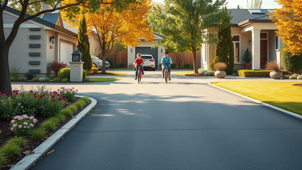 modern asphalt paving driveway curb appeal - Clean blacktop with landscaping and fall colors, kids riding bikes