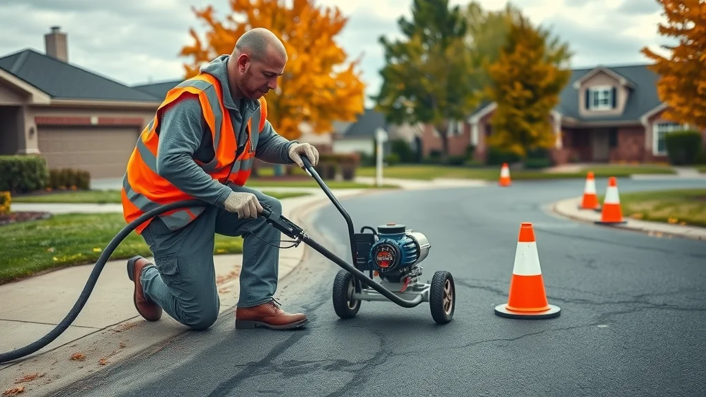asphalt maintenance - Action photo worker uses crack-sealing machine in suburban driveway