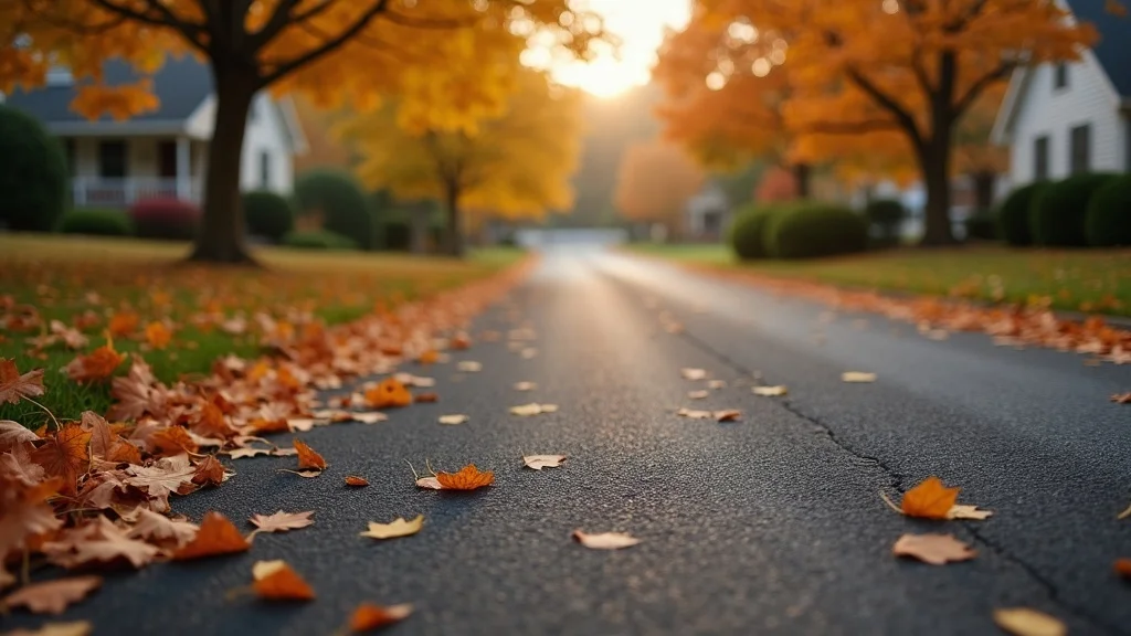 autumn Pennsylvania asphalt driveway with fresh cracks and colorful leaves, optimal for winter asphalt protection