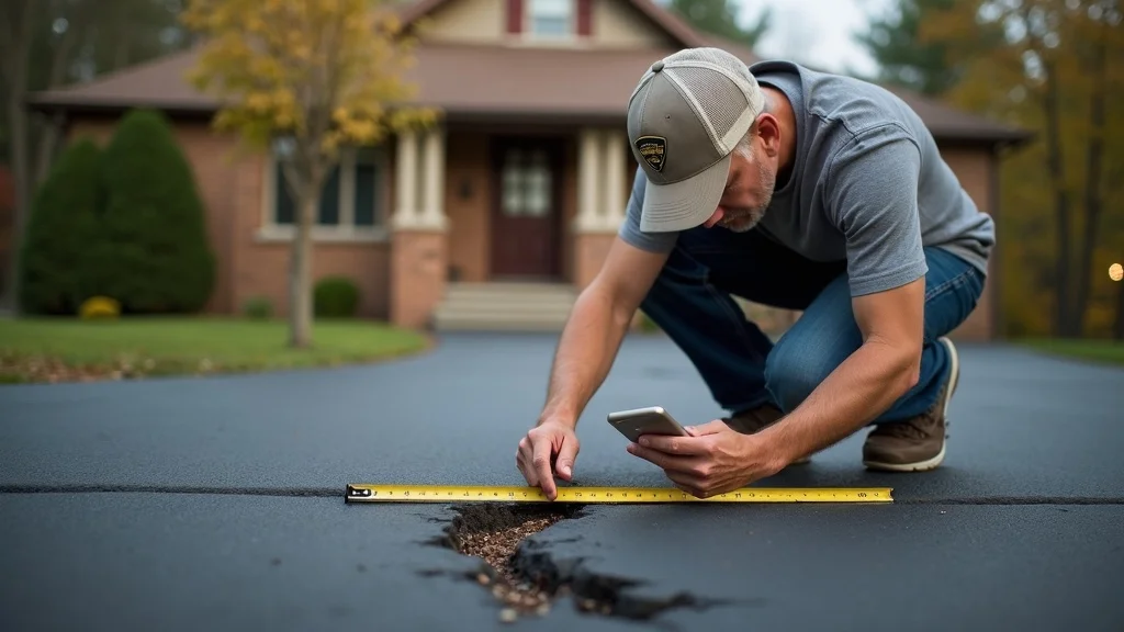 Pennsylvania homeowner conducting DIY asphalt driveway inspection for winter protection, measuring and photographing a crack before winter weather
