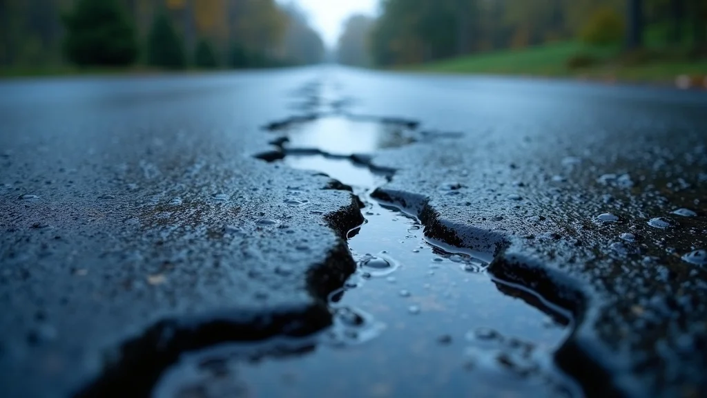 close-up of water seeping into cracked asphalt surface, demonstrating risk for freeze-thaw damage in Pennsylvania driveways and parking lots
