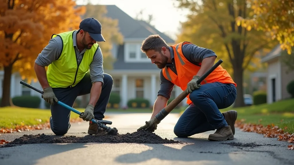 asphalt paving maintenance crew fixing cracks and potholes on a suburban Pennsylvania driveway in autumn, showing key steps for winter asphalt protection