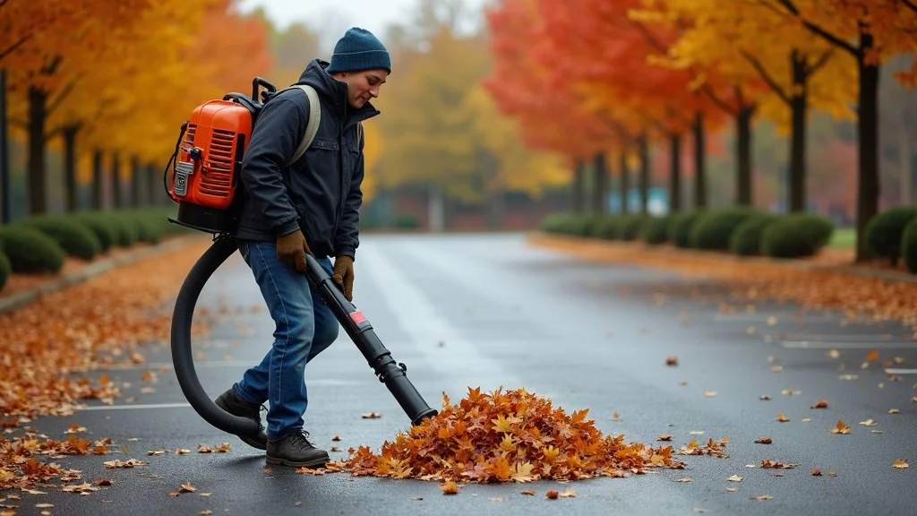 person using leaf blower to remove autumn leaves from Pennsylvania parking lot, showcasing debris management for winter asphalt protection